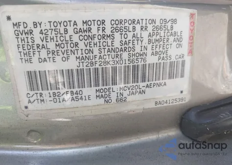 1999 Toyota Camry Le V6 from USA, damaged, VIN JT2BF28K3X0156576